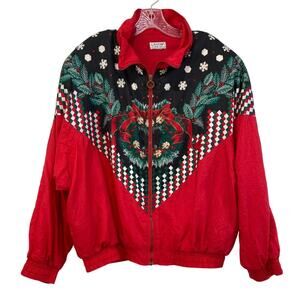 VTG 80s Lavon Christmas Wreath Windbreaker Track Jacket Womens Red Full Zip 90s